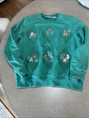 Vintage Alfred Dunner Teal Green Embroidered Diamond-Quilt Crewneck Sweater
